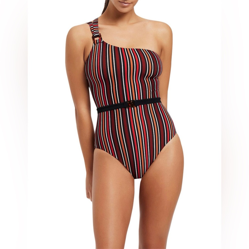 JETS Australia “Bedouin” one shoulder striped maillot one piece swimwear US 10